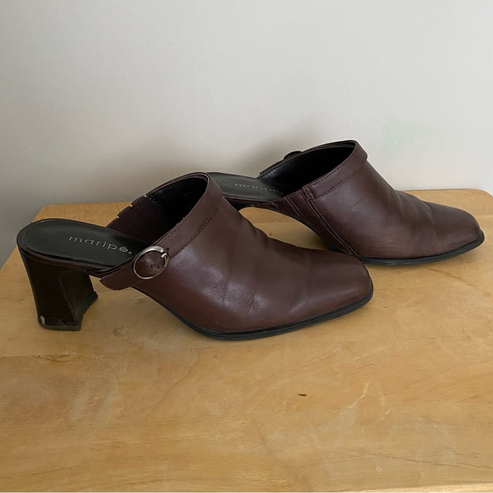 Maripe “Billy” Brown Leather Slip On Heels with Squared Toe Size 8.5M